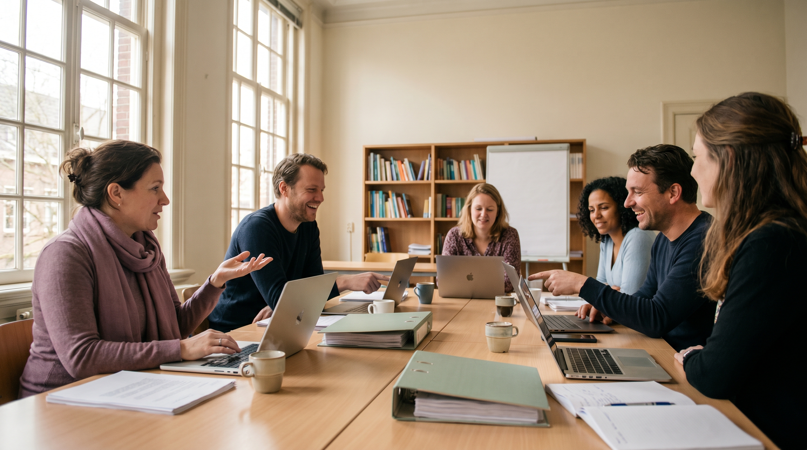 Lerarenteam in werksessie aan een grote tafel