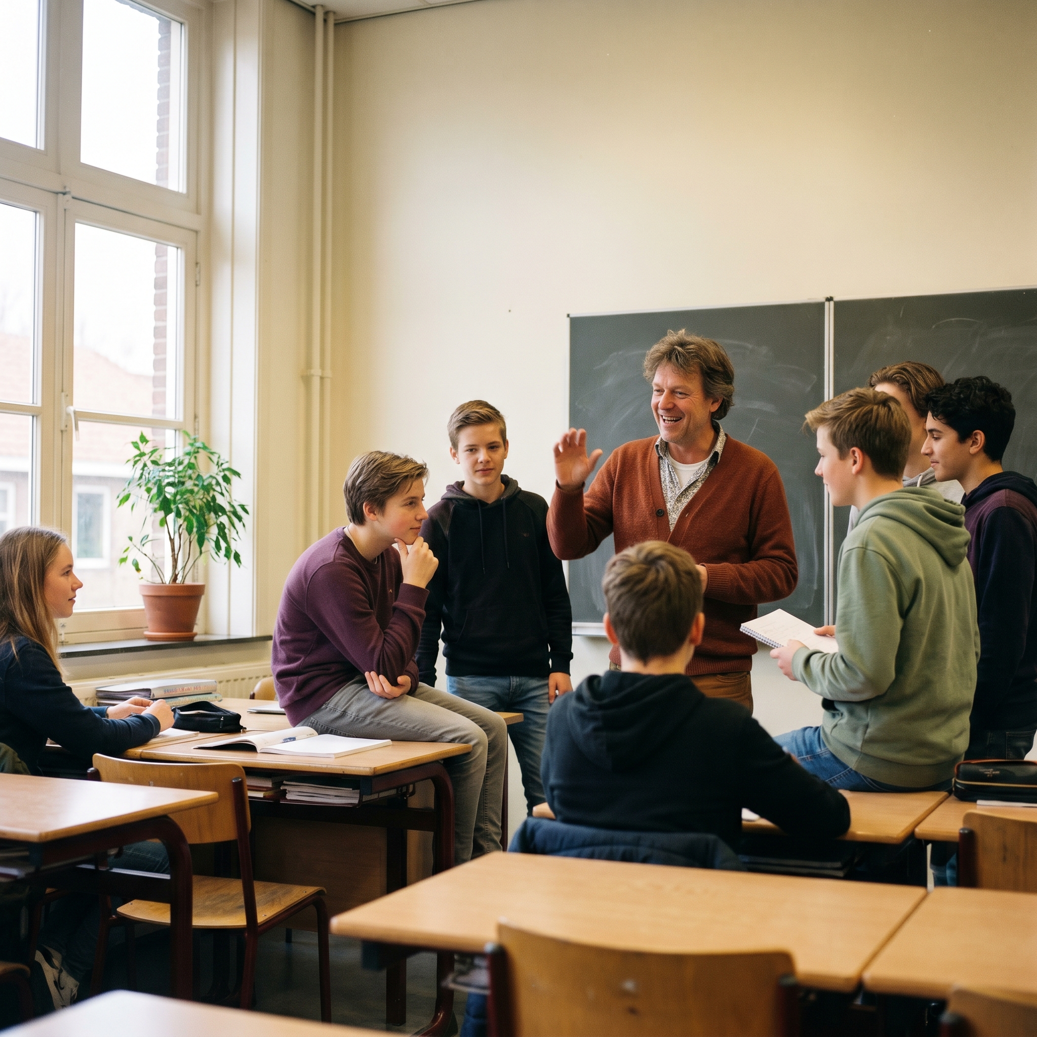 Klaslokaal met docent en leerlingen aan het werk